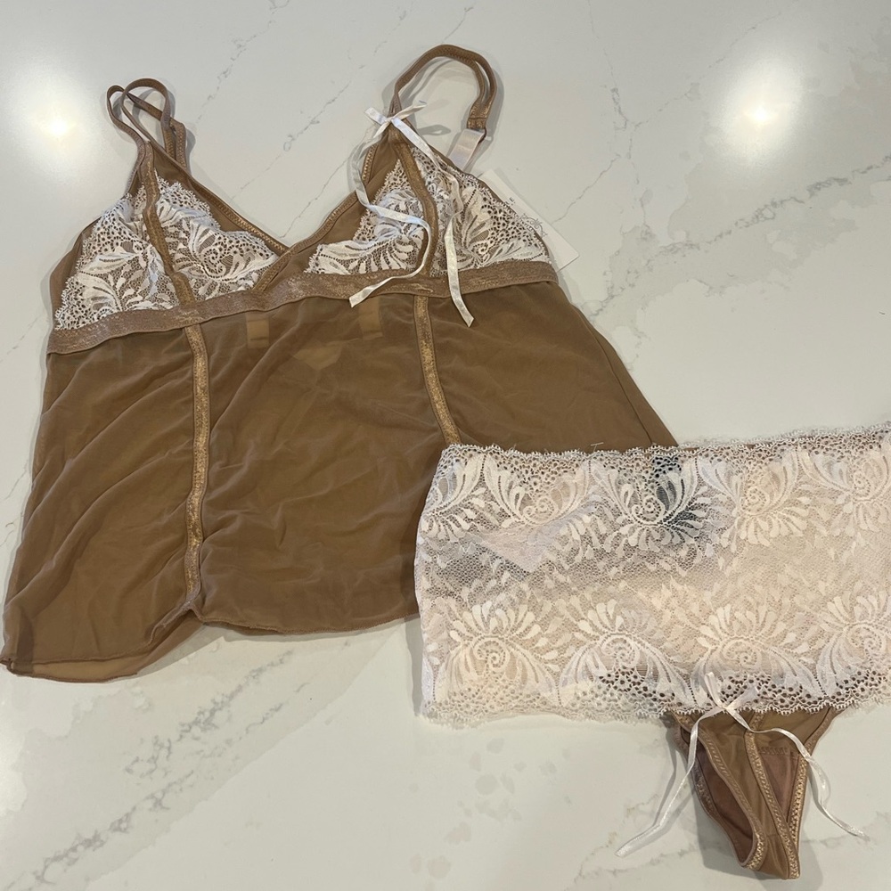 NWT Inspire Psyche Terry Tan and Pale Pink  Lace  Cami‎ and Thong Set